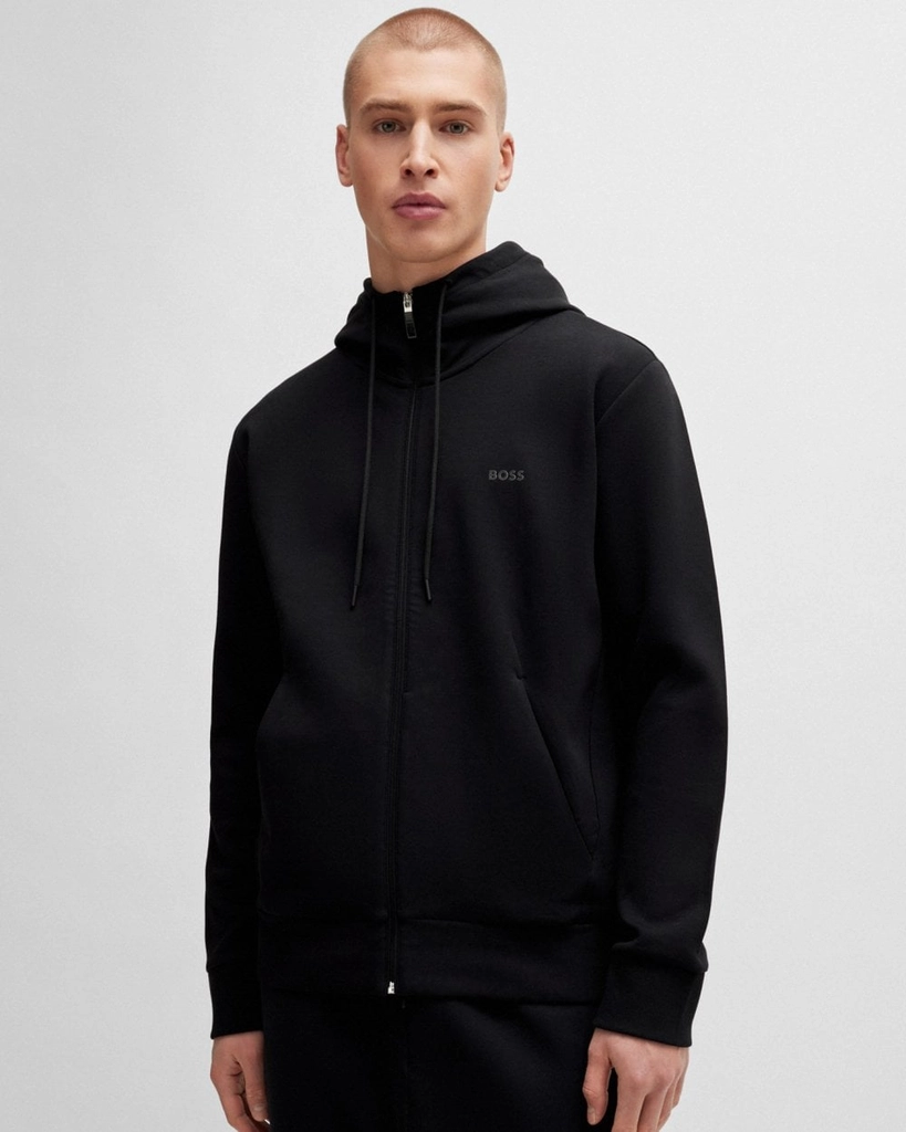 Boss Athleisure Saggy Mens Stretch Cotton Zip-Up Hoodie with Logo Print NOS - Black - Size X-Large